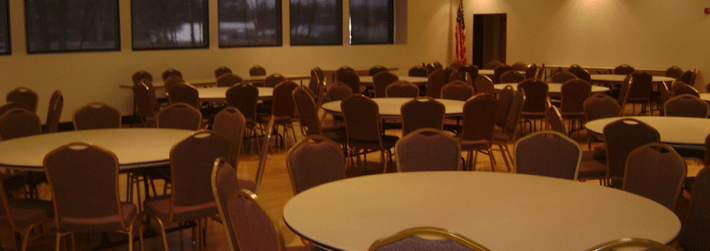 Ballroom set up with round tables